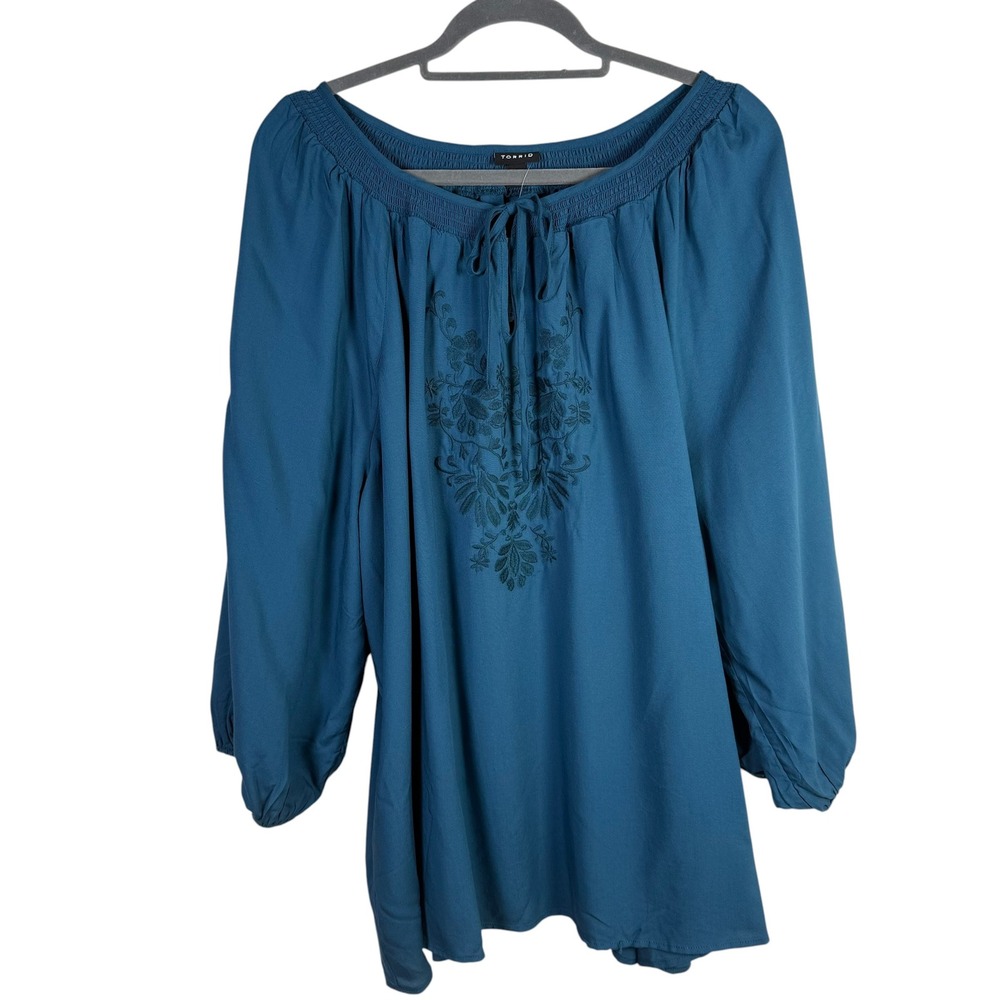 NWT Torrid Teal Embroidered Peasant Boho Flowy Tunic Blouse Top Size 2X 18-20